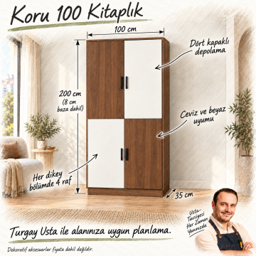 Koru 100 Ceviz Beyaz Dört Kapaklı Kitaplık