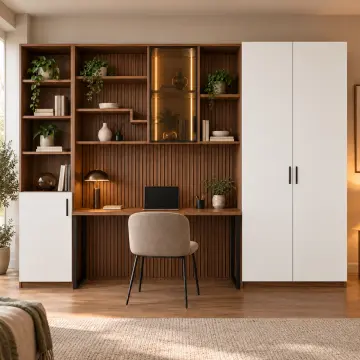 Mira 260 Premium Asimetrik Raflı Kitaplıklı Gardıroplu Çalışma Masası