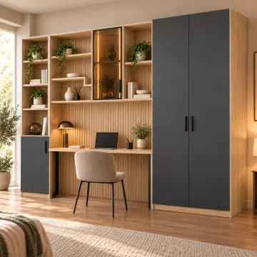 Mira 260 Premium Asimetrik Raflı Kitaplıklı Gardıroplu Çalışma Masası