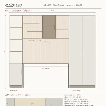 Mira 260 Premium Asimetrik Raflı Kitaplıklı Gardıroplu Çalışma Masası