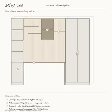 Mira 260 Premium Asimetrik Raflı Kitaplıklı Gardıroplu Çalışma Masası