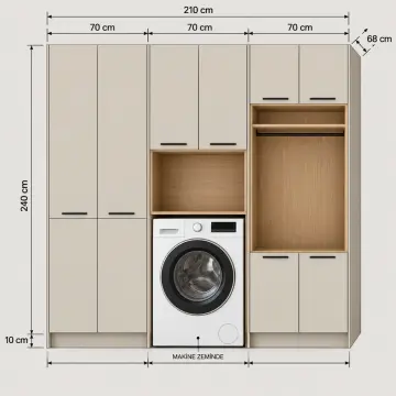 Rarelvena Membran Tek Makine, Açık Askı ve Katlama Nişli, Çift Depolama Kuleli Dolap 210 cm