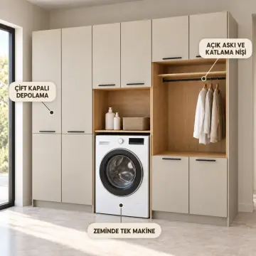 Rarelvena Membran Tek Makine, Açık Askı ve Katlama Nişli, Çift Depolama Kuleli Dolap 210 cm