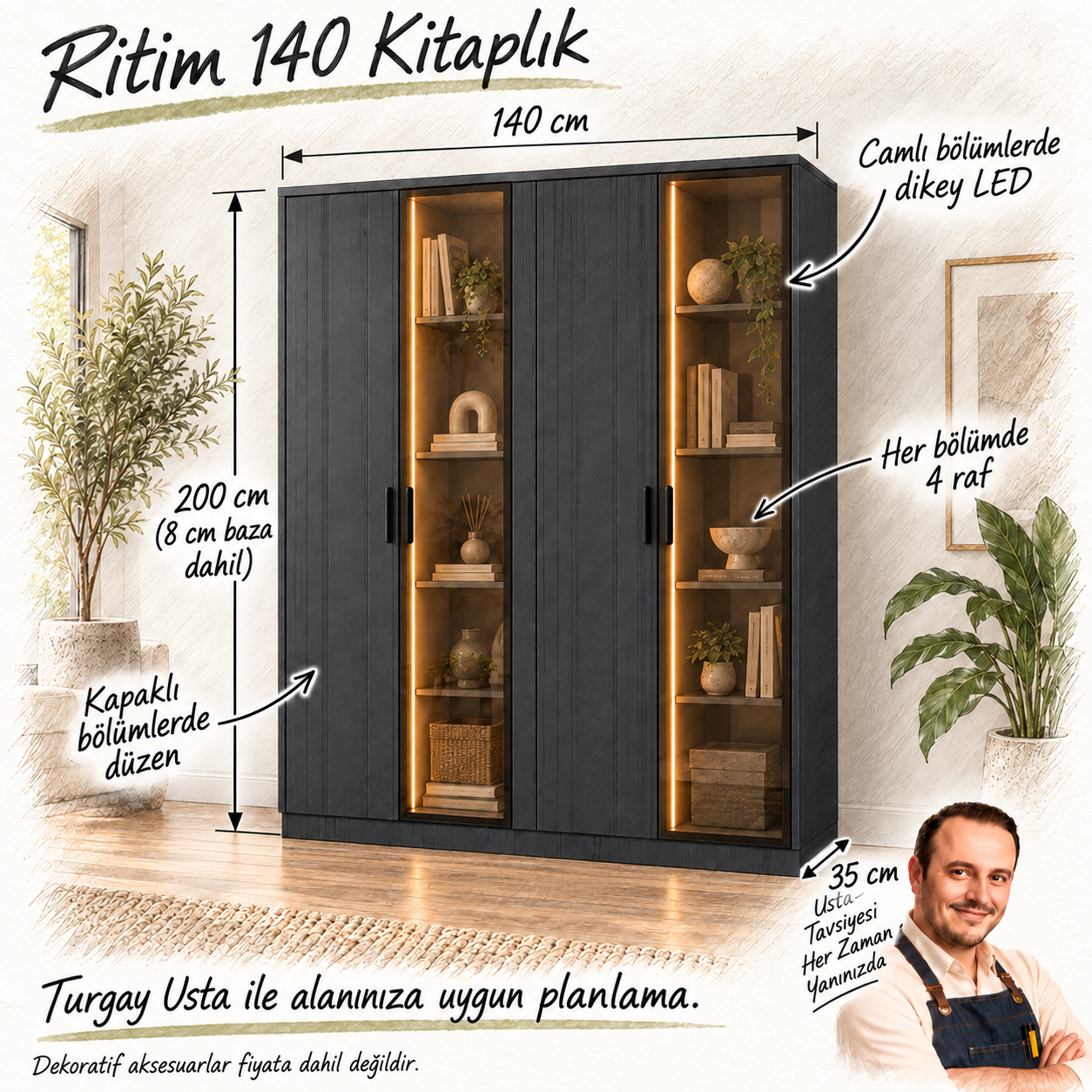 Ritim 140 camlı ve kapaklı kitaplık ölçüleri ve Turgay Usta eskizi