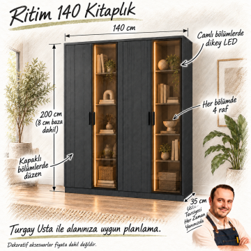 Ritim 140 Antrasit Reflekte Camlı ve Kapaklı LED Kitaplık