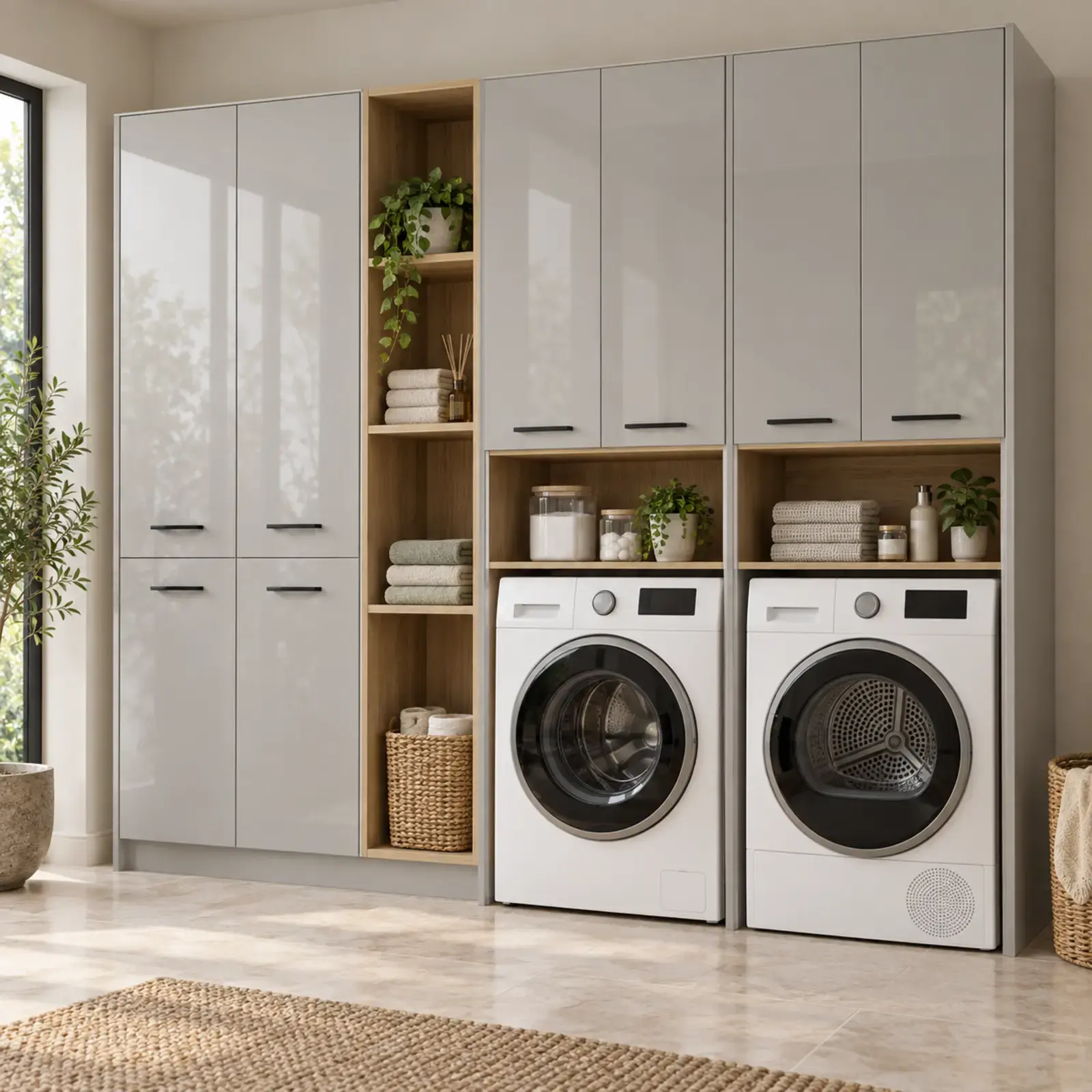 Sarelissa High Gloss Yan Yana İki Makine ve Açık Tekstil Kuleli Depolama Dolabı 245 cm