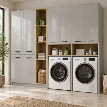 Sarelissa High Gloss Yan Yana İki Makine ve Açık Tekstil Kuleli Depolama Dolabı 245 cm