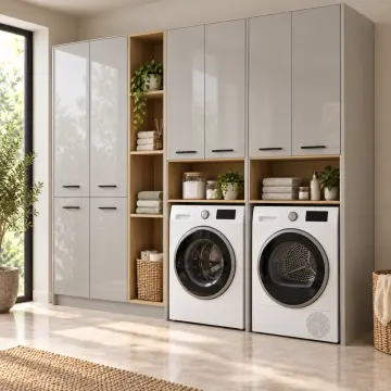 Sarelissa High Gloss Yan Yana İki Makine ve Açık Tekstil Kuleli Depolama Dolabı 245 cm