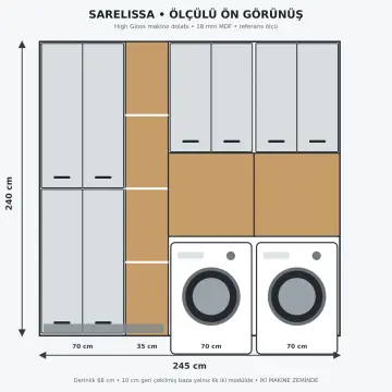 Sarelissa High Gloss Yan Yana İki Makine ve Açık Tekstil Kuleli Depolama Dolabı 245 cm