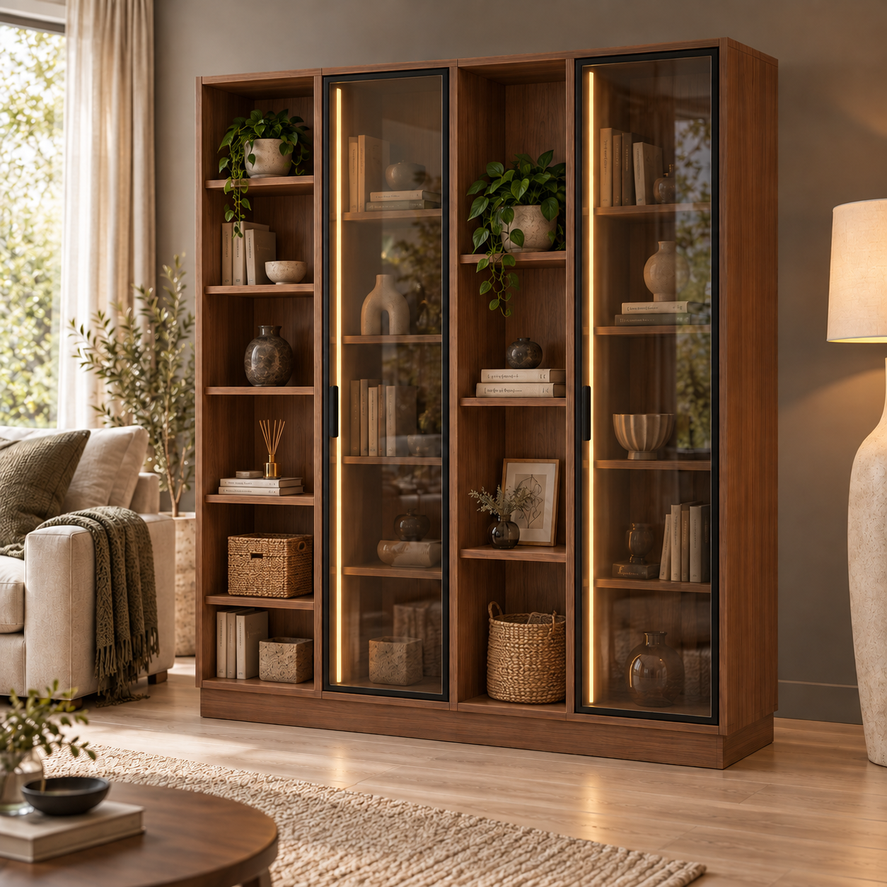 Kuzey 160 Ceviz Reflekte Camlı ve Açık Raflı LED Kitaplık