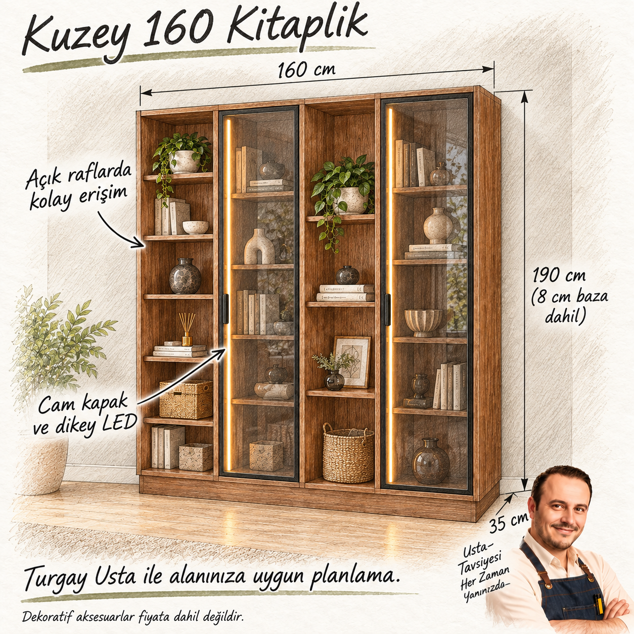 Kuzey 160 camlı ve açık raflı kitaplık ölçüleri ve Turgay Usta eskizi