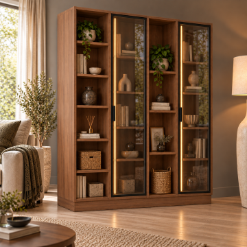 Kuzey 160 Ceviz Reflekte Camlı ve Açık Raflı LED Kitaplık
