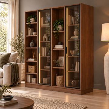 Kuzey 160 Ceviz Reflekte Camlı ve Açık Raflı LED Kitaplık