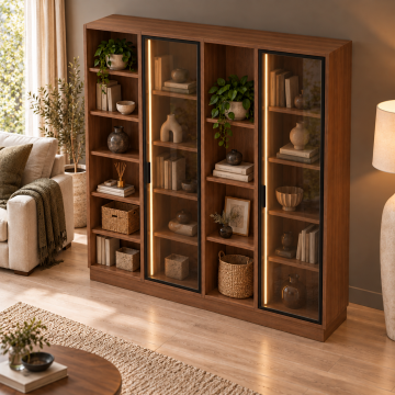 Kuzey 160 Ceviz Reflekte Camlı ve Açık Raflı LED Kitaplık