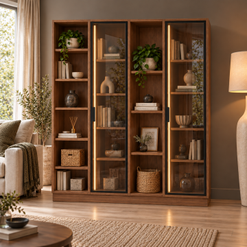 Kuzey 160 Ceviz Reflekte Camlı ve Açık Raflı LED Kitaplık