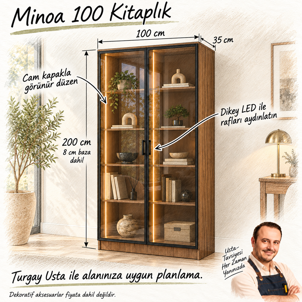 Minoa 100 iki cam kapaklı kitaplık ölçüleri ve Turgay Usta eskizi