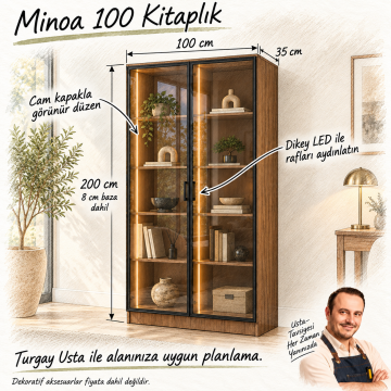 Minoa 100 Ceviz İki Reflekte Camlı Dikey LED Kitaplık