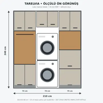 Tarelvia Lake Üst Üste İki Makine, İki Çekmeceli Açık Askı ve Katlama Nişli Dolap 210 cm