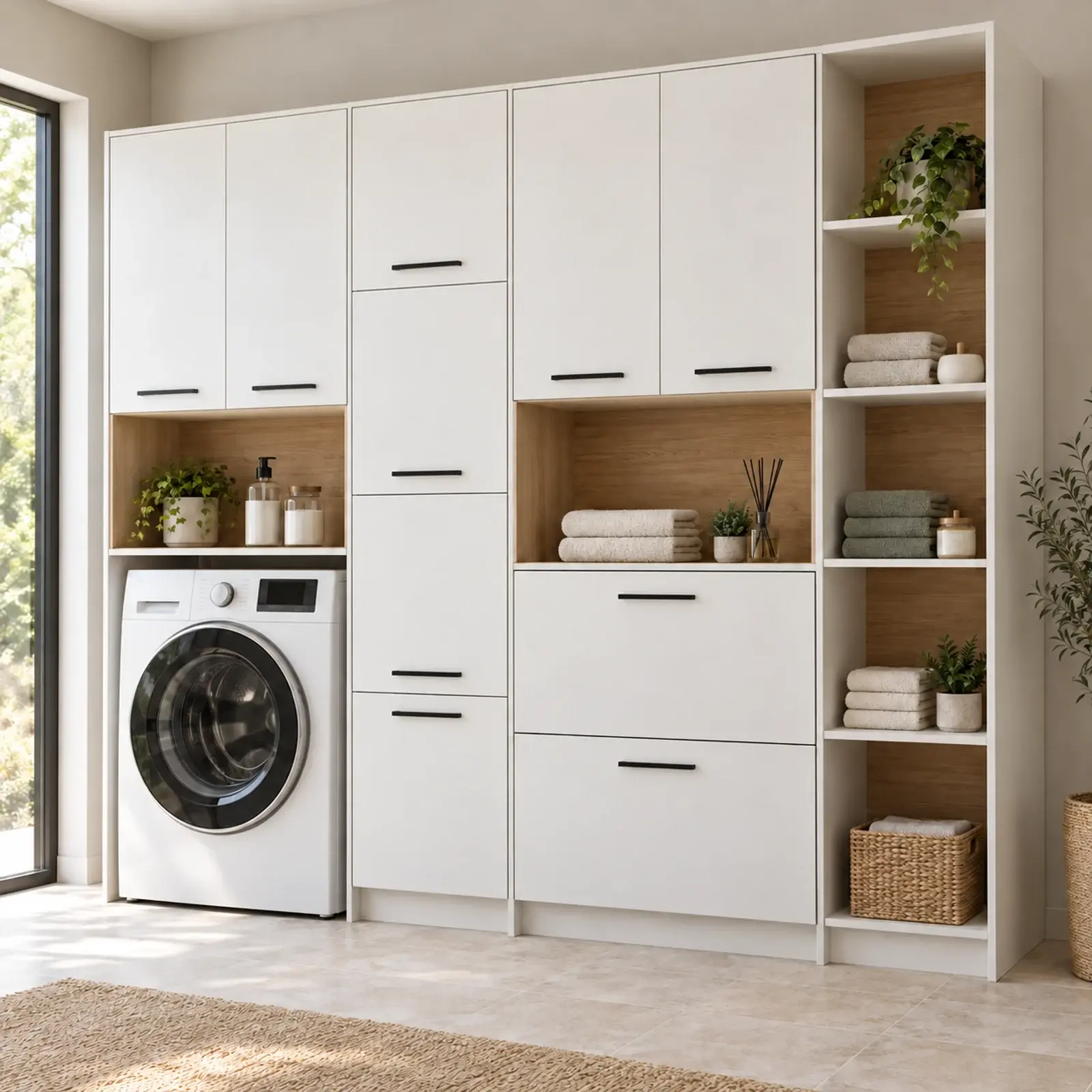 Varelvena Düz MDF Tek Makine, Çift MDF Sepet Kasalı Açık Tekstil Kuleli Dolap 240 cm
