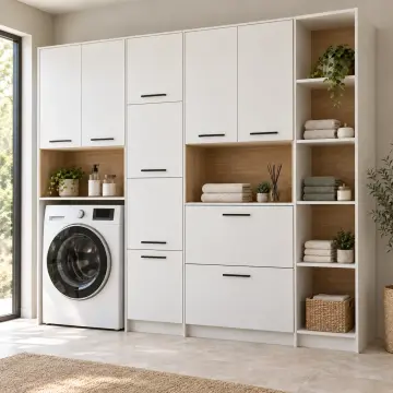 Varelvena Düz MDF Tek Makine, Çift MDF Sepet Kasalı Açık Tekstil Kuleli Dolap 240 cm