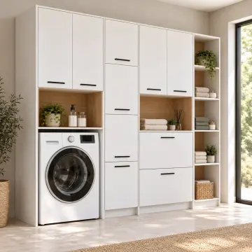 Varelvena Düz MDF Tek Makine, Çift MDF Sepet Kasalı Açık Tekstil Kuleli Dolap 240 cm