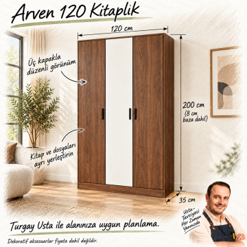 Arven 120 Ceviz Beyaz Üç Kapaklı Kitaplık