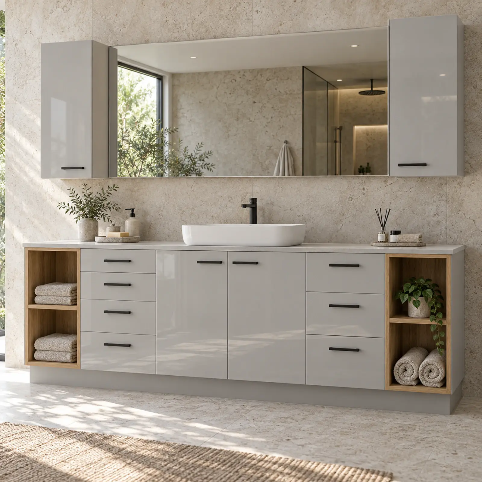 Xarelora High Gloss Yedi Çekmeceli Çift Açık Havlu Nişli Banyo Dolabı 220 cm