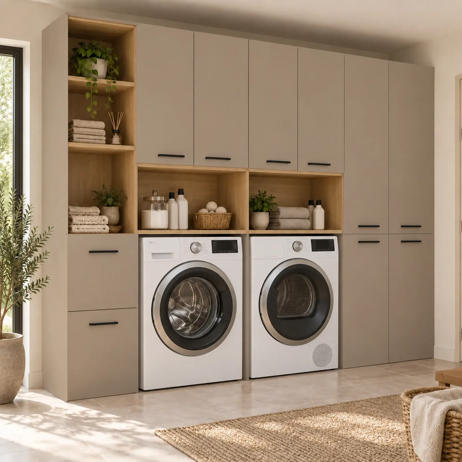Arelvessa Membran Yan Yana İki Makine, Çift MDF Sepet Kasalı Açık Katlama Nişli ve Kapalı Servis Kuleli Dolap 255 cm