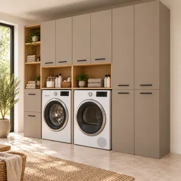 Arelvessa Membran Yan Yana İki Makine, Çift MDF Sepet Kasalı Açık Katlama Nişli ve Kapalı Servis Kuleli Dolap 255 cm
