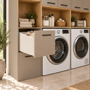 Arelvessa Membran Yan Yana İki Makine, Çift MDF Sepet Kasalı Açık Katlama Nişli ve Kapalı Servis Kuleli Dolap 255 cm