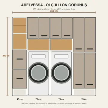 Arelvessa Membran Yan Yana İki Makine, Çift MDF Sepet Kasalı Açık Katlama Nişli ve Kapalı Servis Kuleli Dolap 255 cm