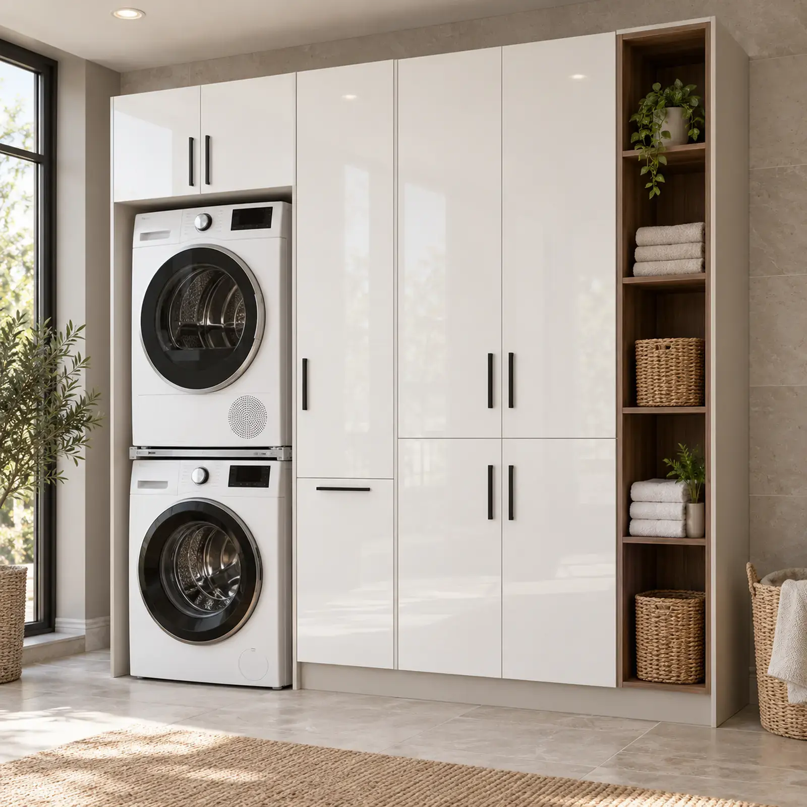 Arvelina High Gloss Üst Üste İki Makineli Sepetli ve Açık Raflı Dolap 220 cm