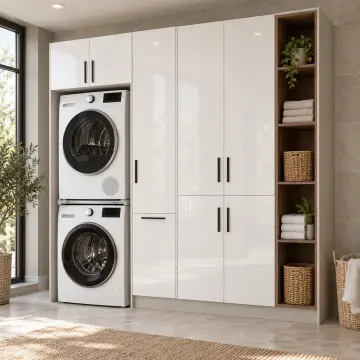 Arvelina High Gloss Üst Üste İki Makineli Sepetli ve Açık Raflı Dolap 220 cm