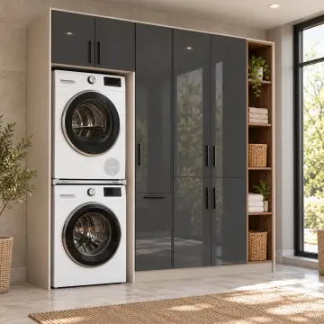 Arvelina High Gloss Üst Üste İki Makineli Sepetli ve Açık Raflı Dolap 220 cm