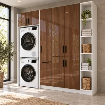 Arvelina High Gloss Üst Üste İki Makineli Sepetli ve Açık Raflı Dolap 220 cm
