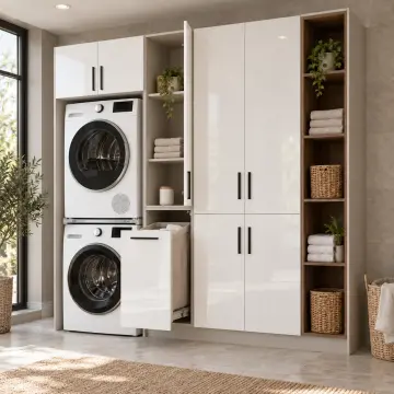 Arvelina High Gloss Üst Üste İki Makineli Sepetli ve Açık Raflı Dolap 220 cm