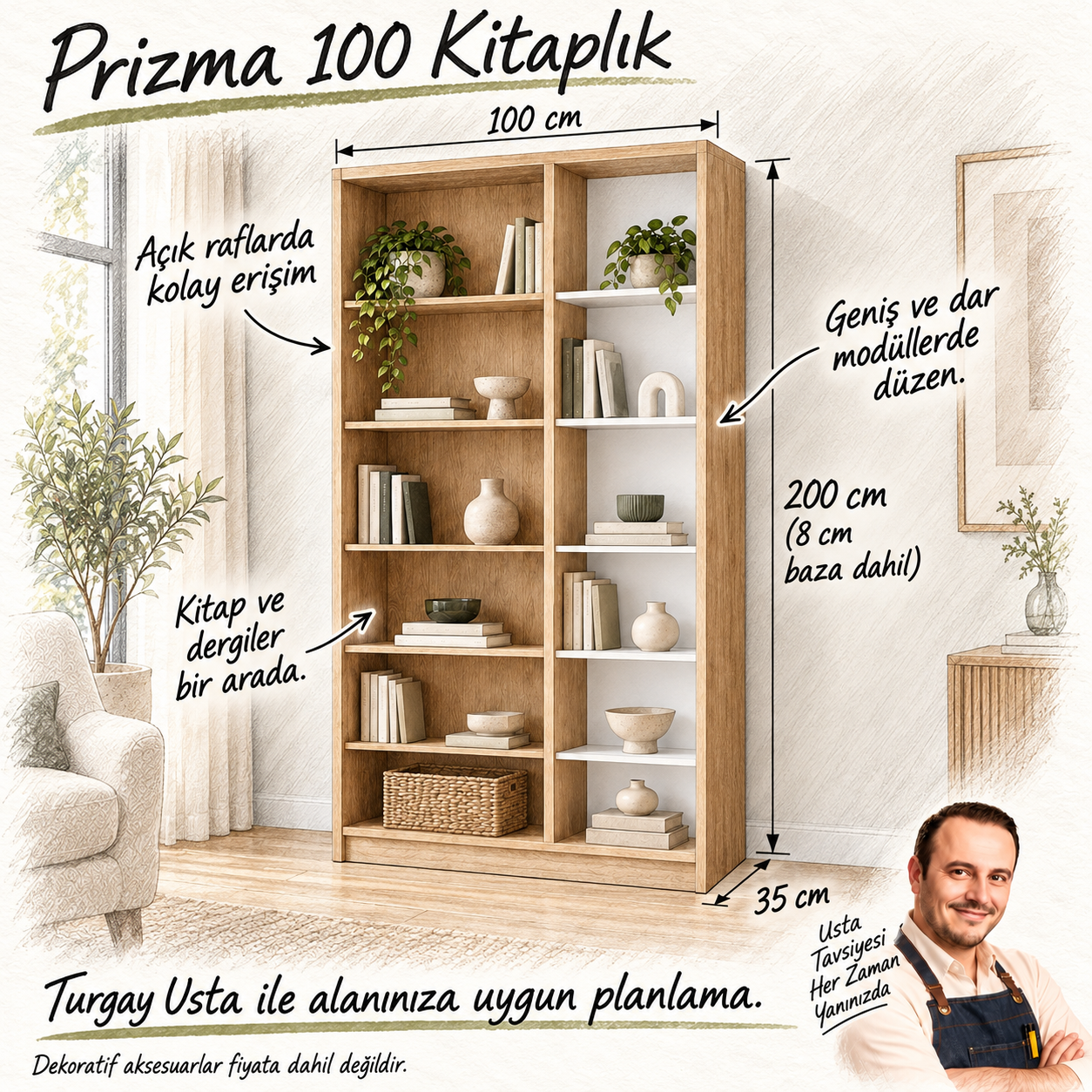 Prizma 100 açık raflı kitaplık ölçüleri ve Turgay Usta kullanım eskizi