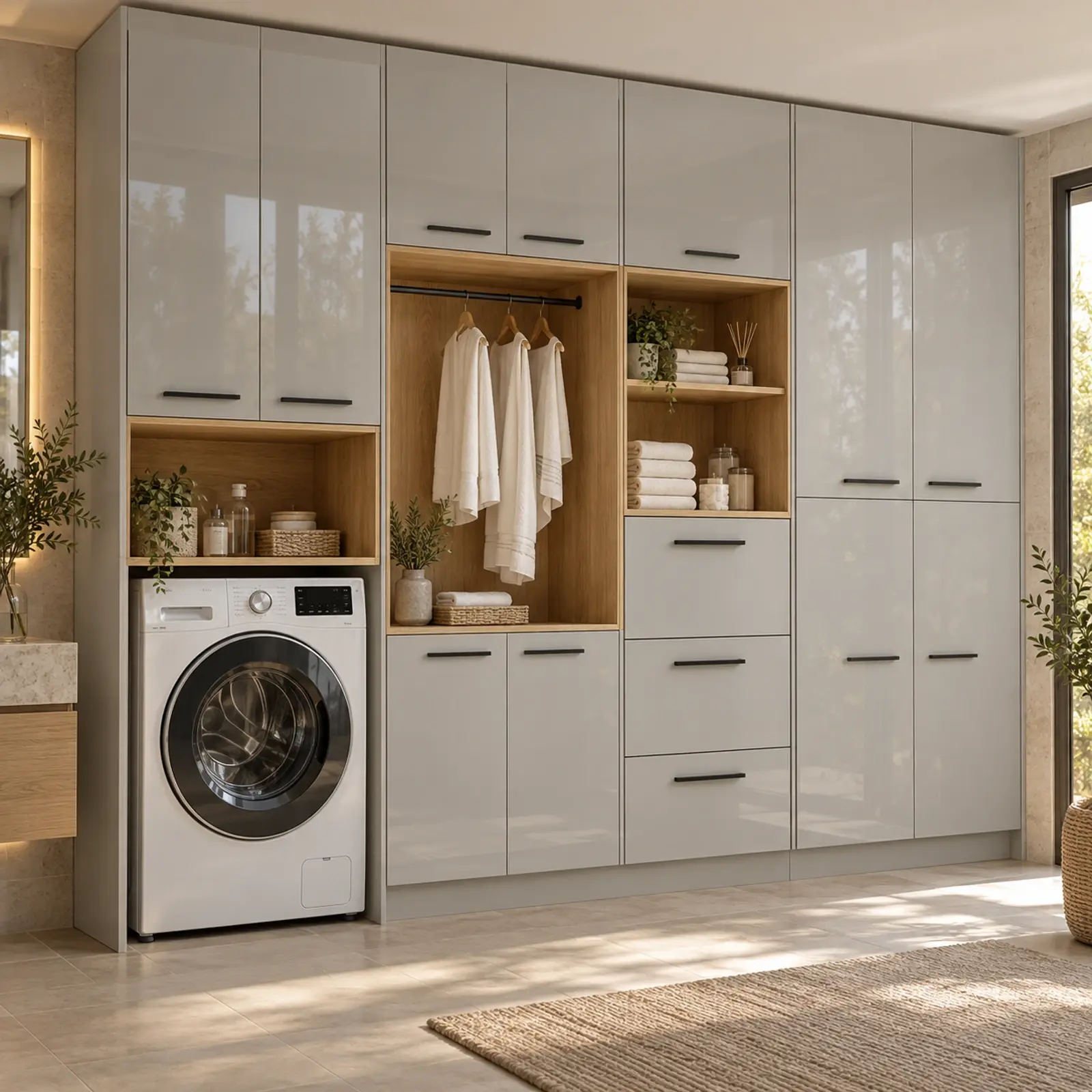 Birelvora High Gloss Tek Makine, Üç MDF Sepet Kasalı Açık Askı Nişli ve Kapalı Servis Kuleli Dolap 260 cm