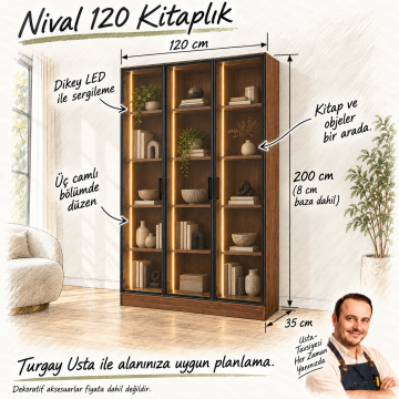 Nival 120 Ceviz Üç Reflekte Camlı Dikey LED Kitaplık