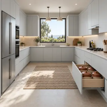 Uryena RAL 7035 Lake Çekilir Dört Kapaklı Güveç Tenceresi Beşikli U Mutfak Dolabı