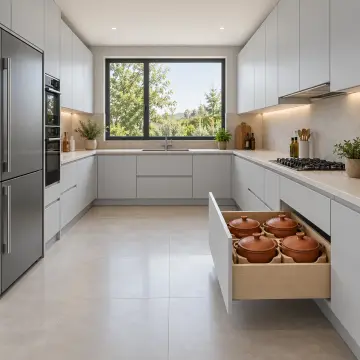 Uryena RAL 7035 Lake Çekilir Dört Kapaklı Güveç Tenceresi Beşikli U Mutfak Dolabı