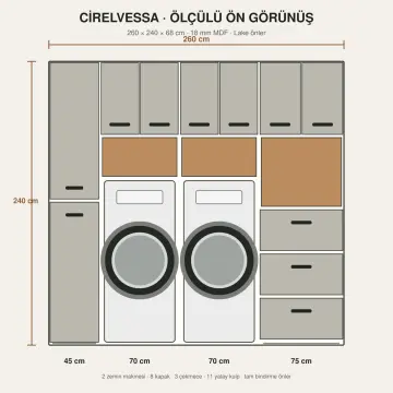 Cirelvessa Lake Yan Yana İki Makine, Üç Çekmeceli Açık Katlama Nişli ve Kapalı Servis Kuleli Dolap 260 cm