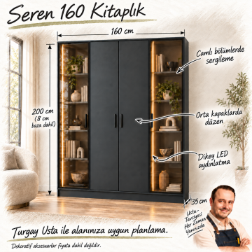 Seren 160 Antrasit Yarı Reflekte Yarı Kapaklı LED Kitaplık