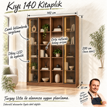 Kıyı 140 Ceviz Reflekte Camlı ve Açık Raflı Dikey LED Kitaplık
