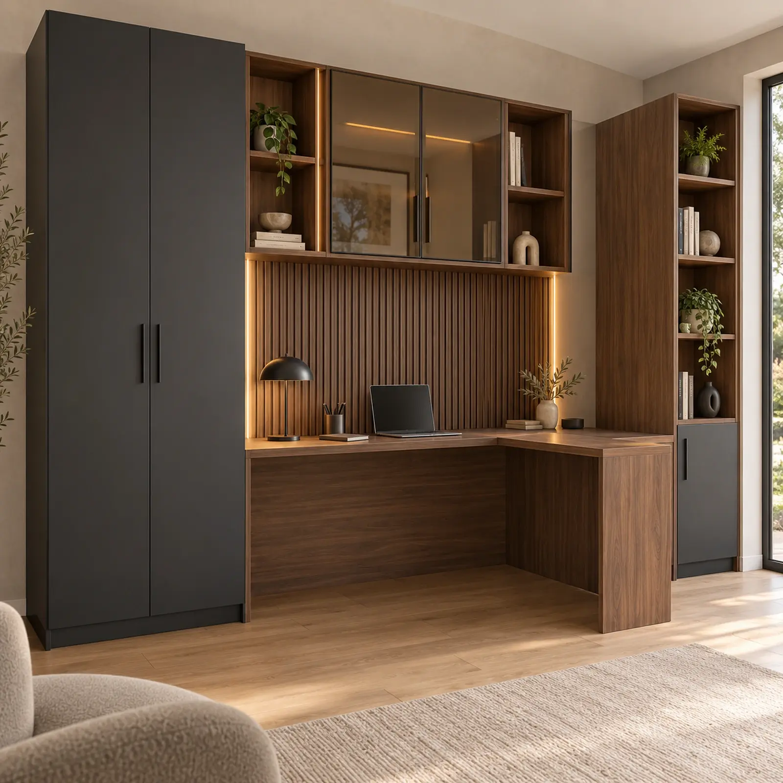 Lorin L260 Premium Tek Kişilik L Reflekte Kitaplıklı Gardıroplu Çalışma Masası