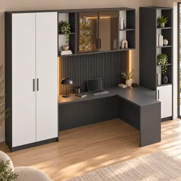 Lorin L260 Premium Tek Kişilik L Reflekte Kitaplıklı Gardıroplu Çalışma Masası