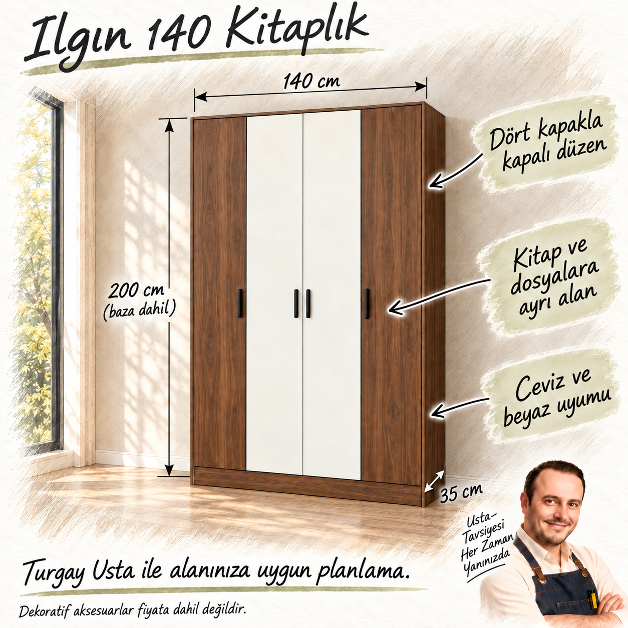 Ilgın 140 ceviz beyaz dört kapaklı kitaplık ölçüleri ve Turgay Usta fayda eskizi