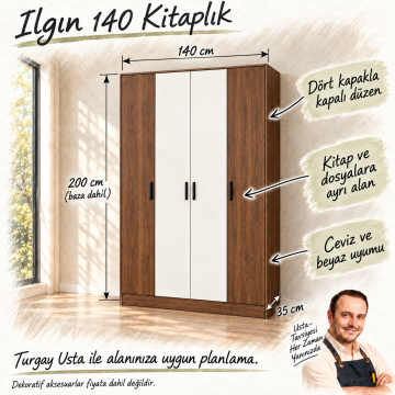 Ilgın 140 Ceviz Beyaz Dört Kapaklı Kitaplık