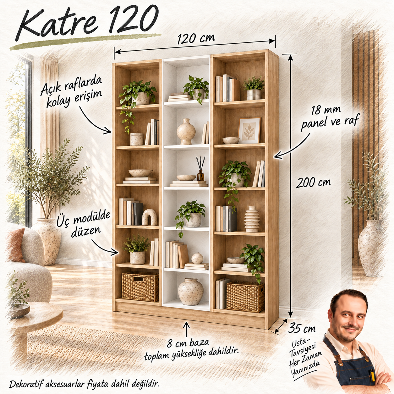 Katre 120 sonomo beyaz açık raflı kitaplık 120 x 35 x 200 cm ölçülü Turgay Usta eskizi