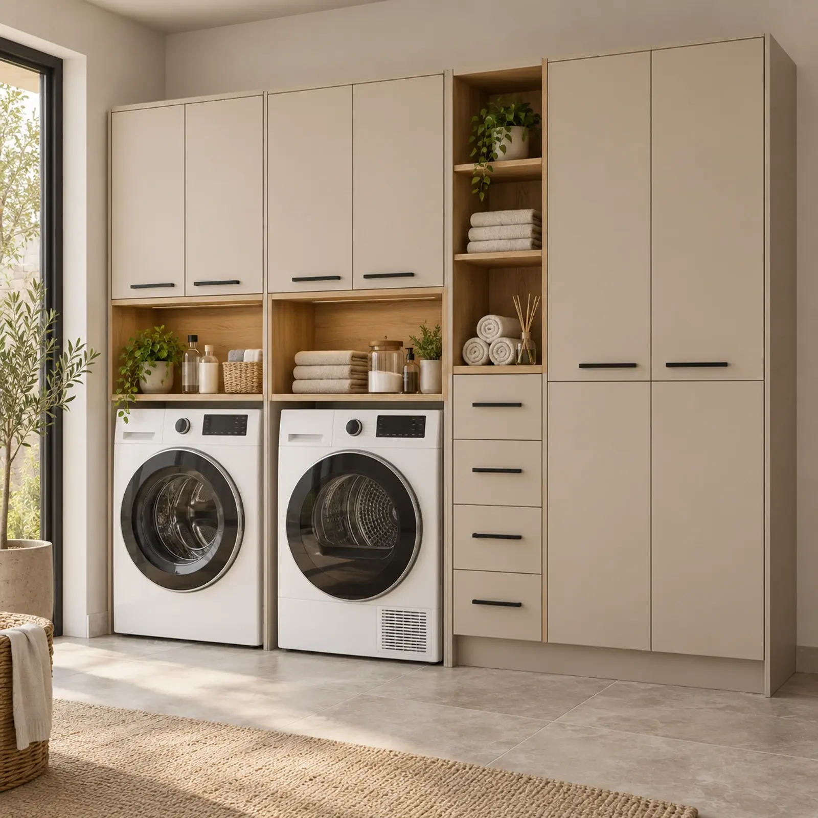 Dorelvina Düz MDF Yan Yana İki Makine, Dört Çekmeceli Açık Havlu Kuleli ve Kapalı Servis Dolabı 250 cm